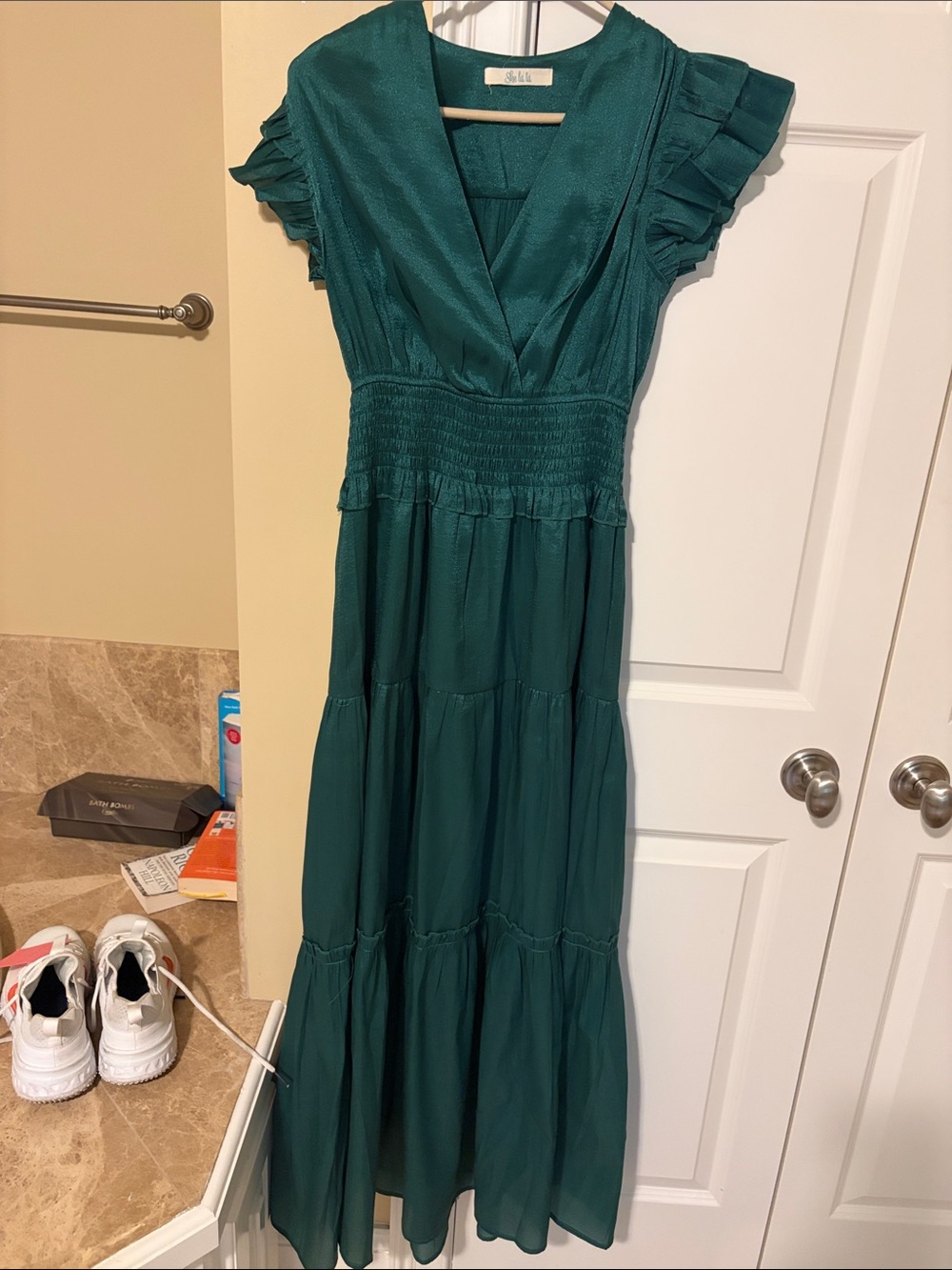 Women’s Teal V-Neck Smocked Waist Tiered Maxi Dress